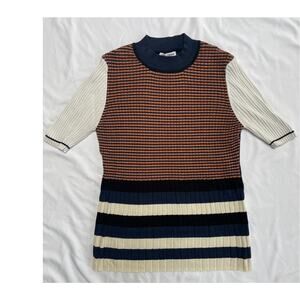 Opening Ceremony Ribbed Navy Metallic Striped Short Sleeve Sweater Top, Large